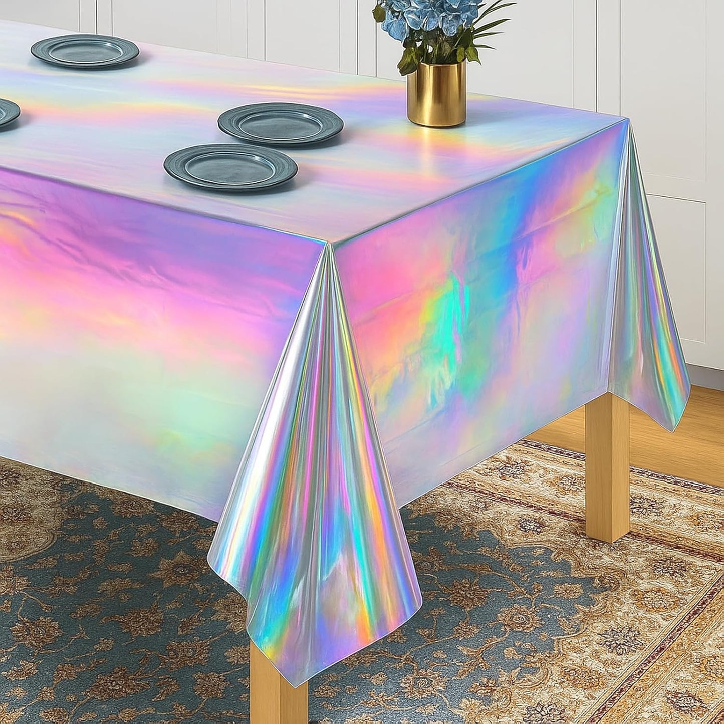 Iridescent Plastic Tablecloths 54" x 108" Iridescence Party Table Cloth Rectangle Laser Disposable Table Covers Holographic Foil Party Decoration, Birthday, Wedding, Christmas Decorations (8 Packs)