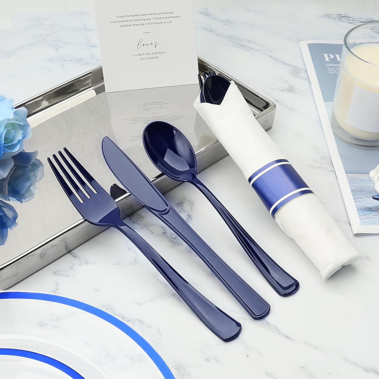 Goodluck 50 Set Dark Blue Pre Rolled Plastic Cutlery Set, Wrapped Silverware Set with 50 Forks, 50 Knives, 50 Spoons and 50 Napkins, Perfect for Party, Wedding, Christmas