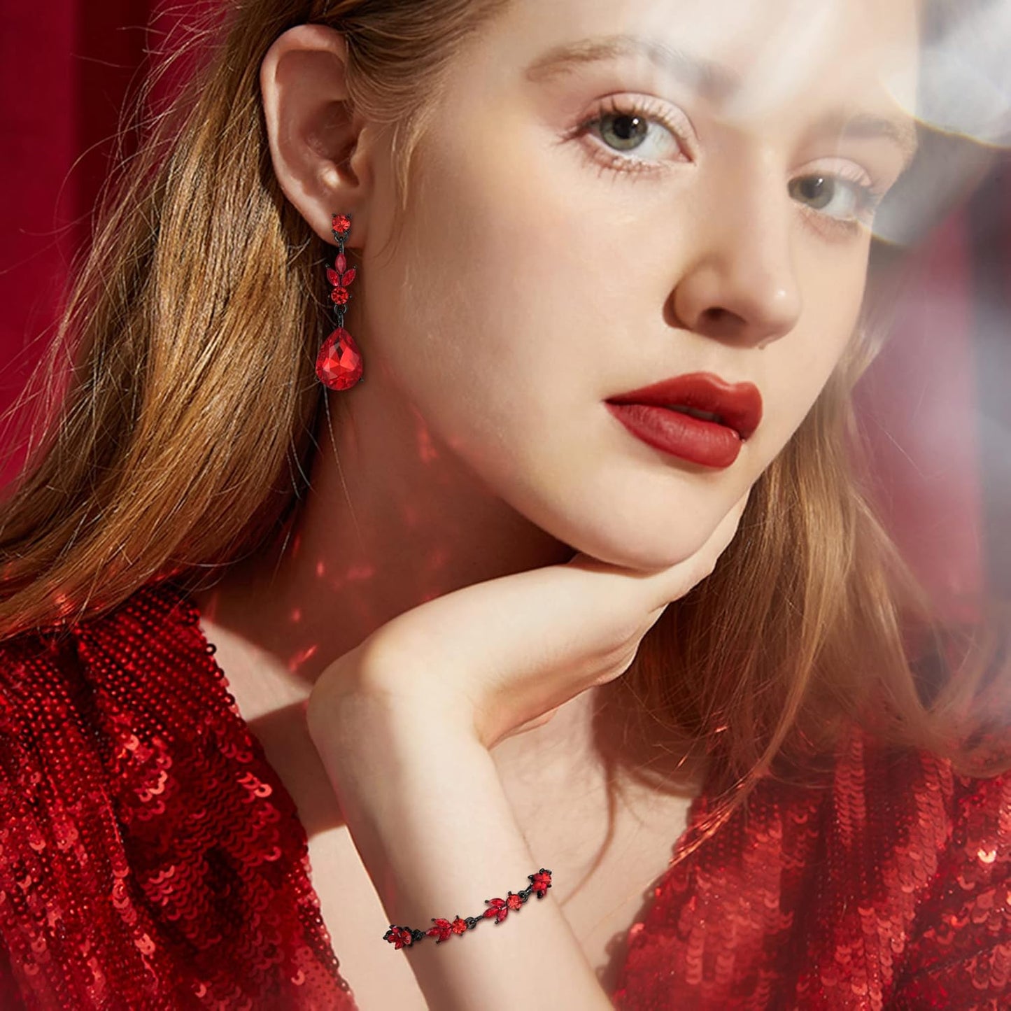 BriLove Wedding Jewelry Set for Women Bride, Y-Necklace Tennis Bracelet Dangle Earrings Crystal Teardrop Marquise Cluster for Bridal Bridesmaid