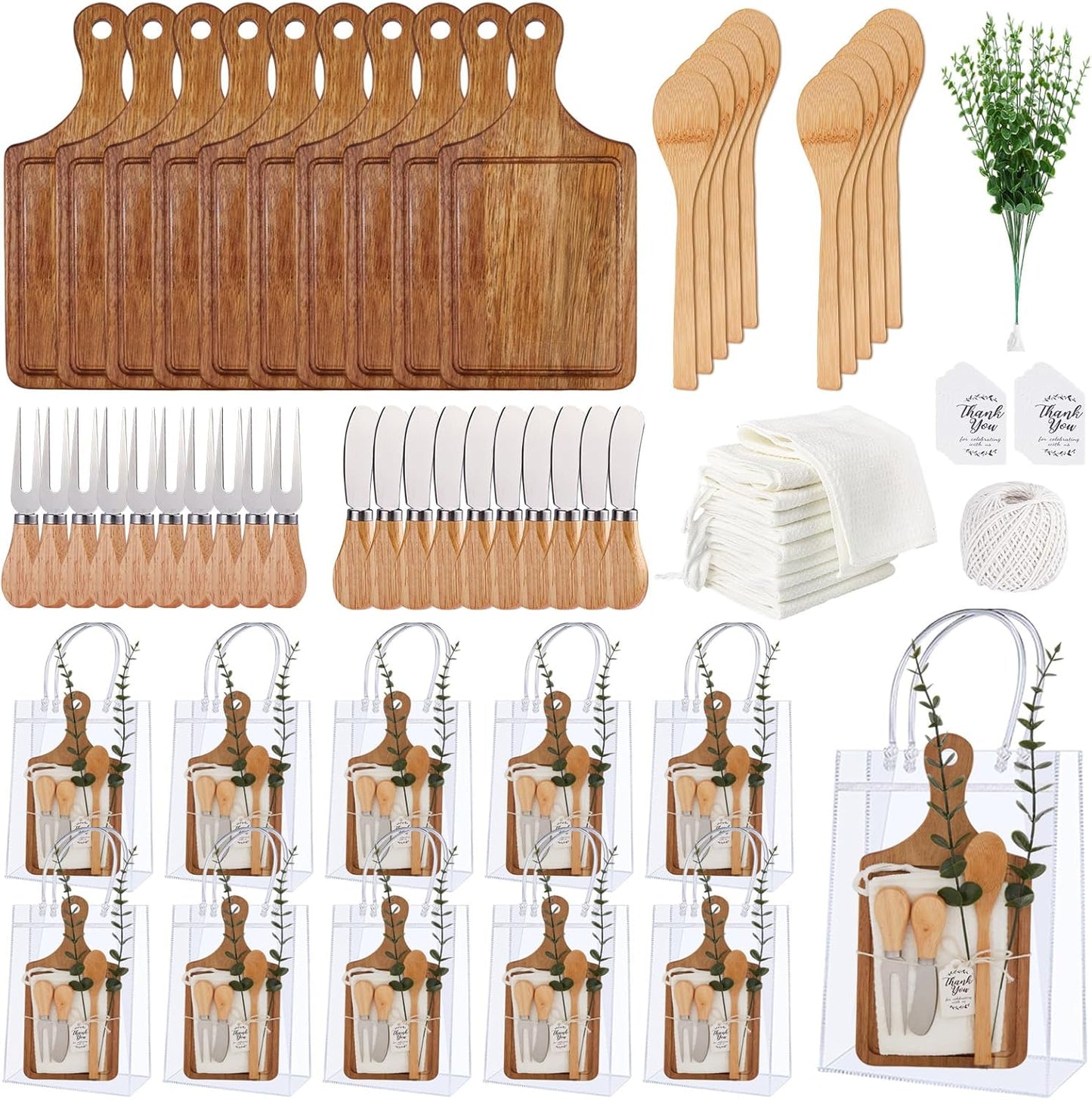 Baby Shower Prizes for Game Winners Bamboo Cheese Board Spoon Fork Butter Spreaders Plaid Towel Thank You Card and Gift Bags for Baby Shower Wedding Bridal Shower Favors (Acacia, 10 Sets)