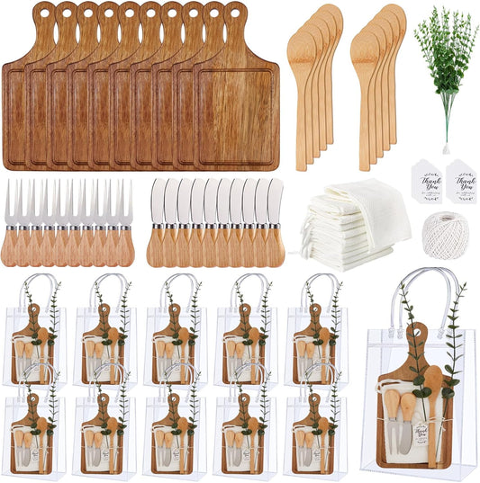 Baby Shower Prizes for Game Winners Bamboo Cheese Board Spoon Fork Butter Spreaders Plaid Towel Thank You Card and Gift Bags for Baby Shower Wedding Bridal Shower Favors (Acacia, 10 Sets)