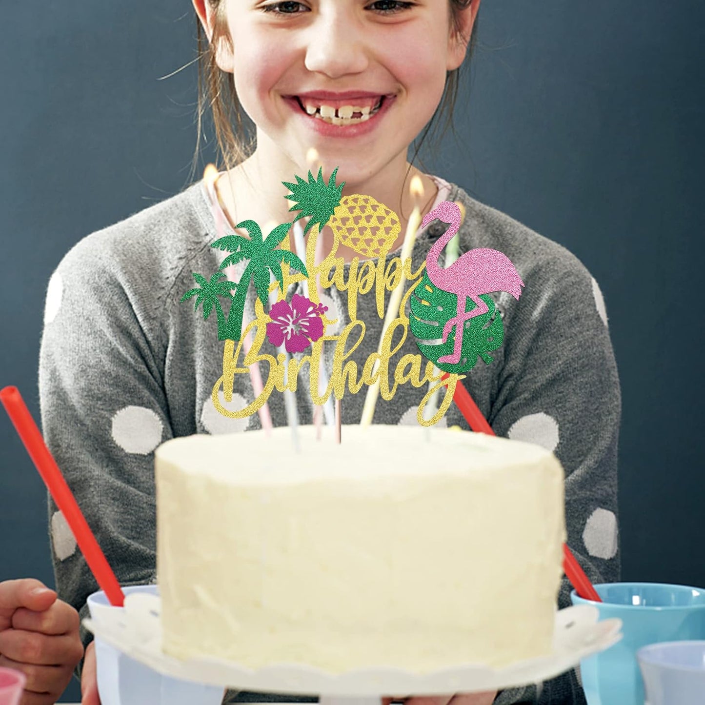 1 Pack Happy Birthday Cake Topper Tropical Hawaiian Luau Cake Pick Glitter Flamingo Plam Leave Pineapple Cake Decoration for Summer Baby Shower Birthday Party Supplies