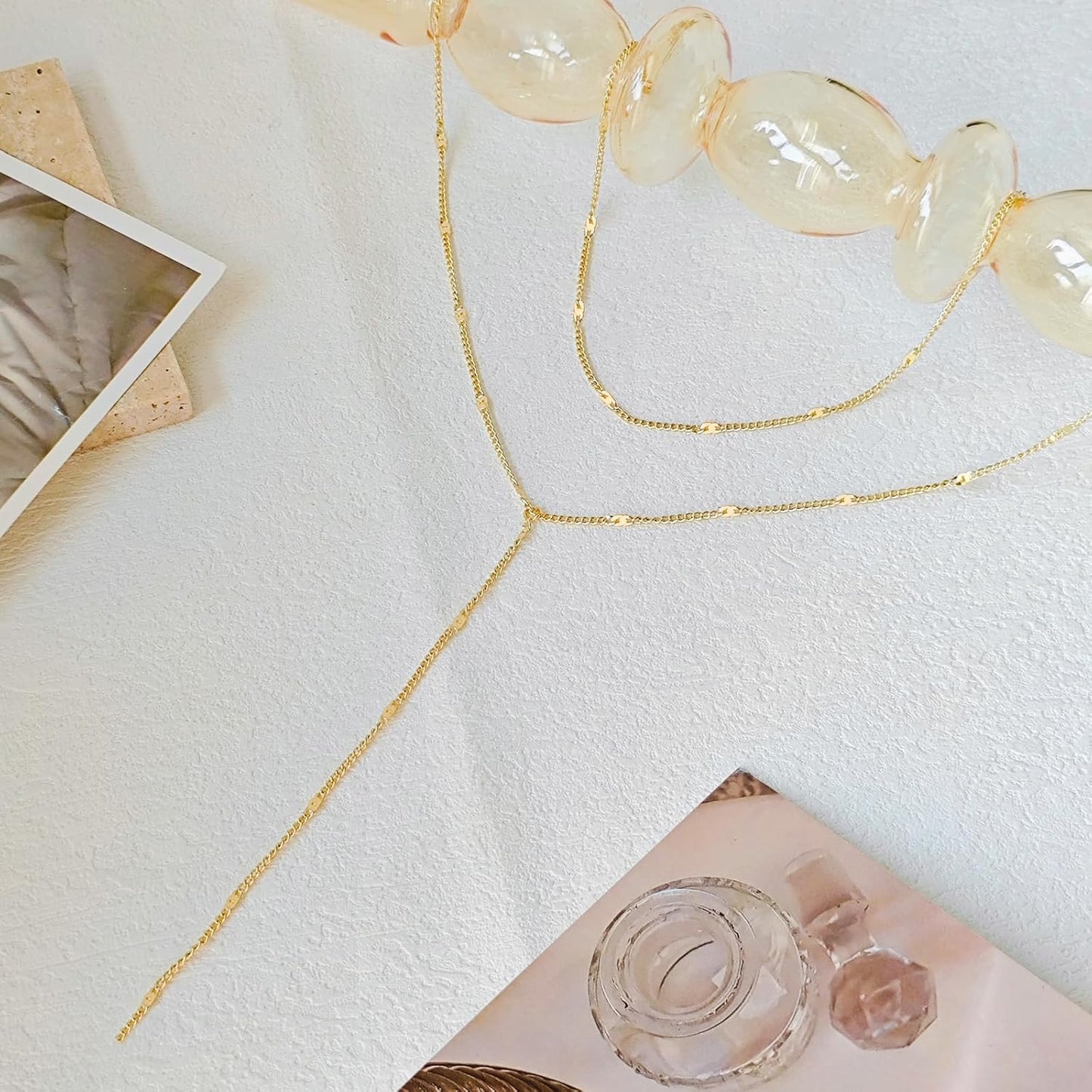 Lariat Gold Necklace for Women, Dainty Long Necklace 14k Gold Plated/Silver Y-Shaped Layered Beaded Chain Drop Necklaces for Women Trendy Simple Gold Jewelry for Women Gifts