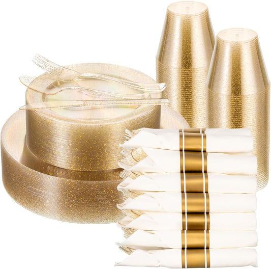 350 PCS Transparent Base With Pink Tint Plastic Dinnerware Set for 50 Guests, 100 Plates for Party, 50 Pre Rolled Napkins with Gold Silverware, 50 Cups