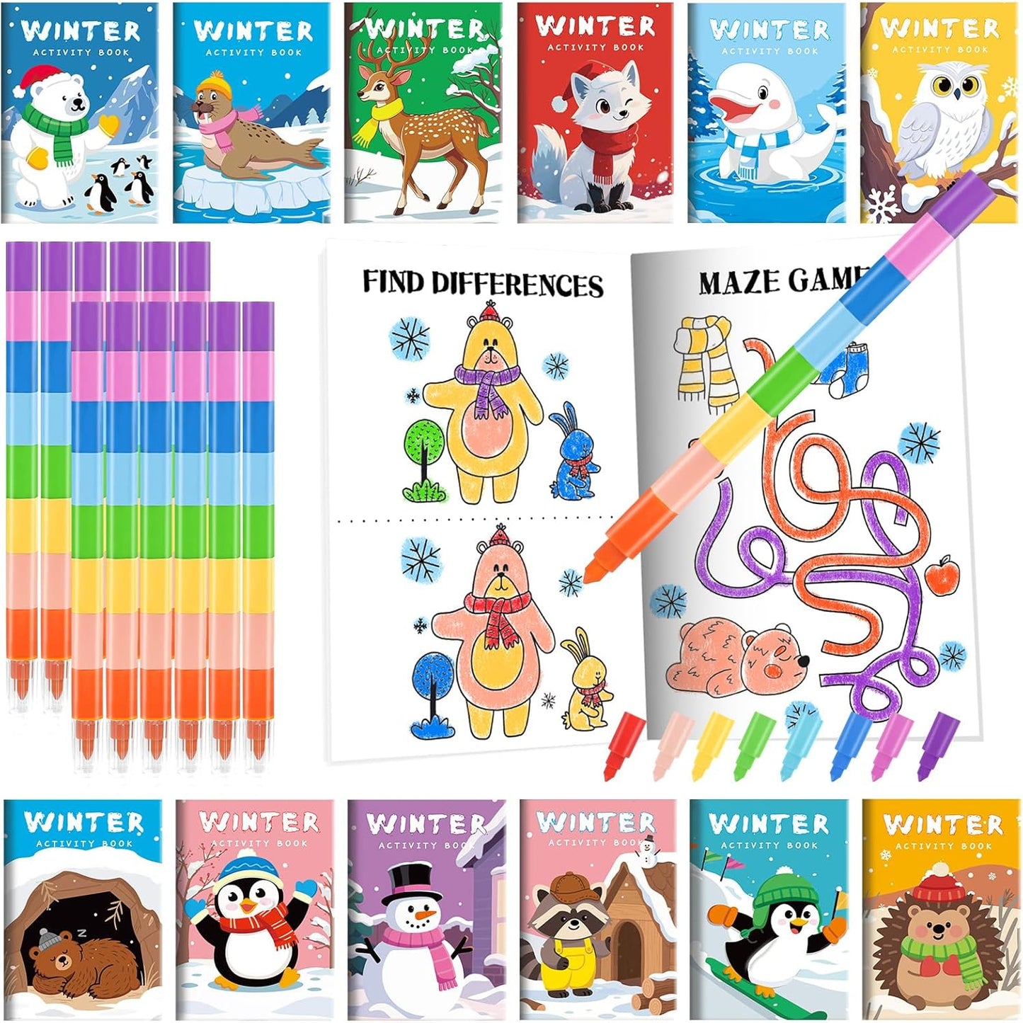 BenLouis 24 Winter Mini Activity Books with 24 Crayons for Kids ages 4-8-16 Holidays Party Favors Bulk Different Brain Game for Classroom Travel Craft Activities Penguins Goodie Bag Gift Stuffer