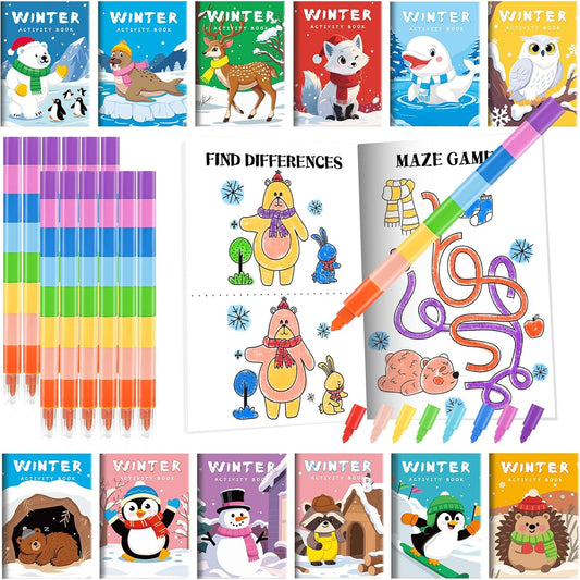 BenLouis 24 Winter Mini Activity Books with 24 Crayons for Kids ages 4-8-16 Holidays Party Favors Bulk Different Brain Game for Classroom Travel Craft Activities Penguins Goodie Bag Gift Stuffer