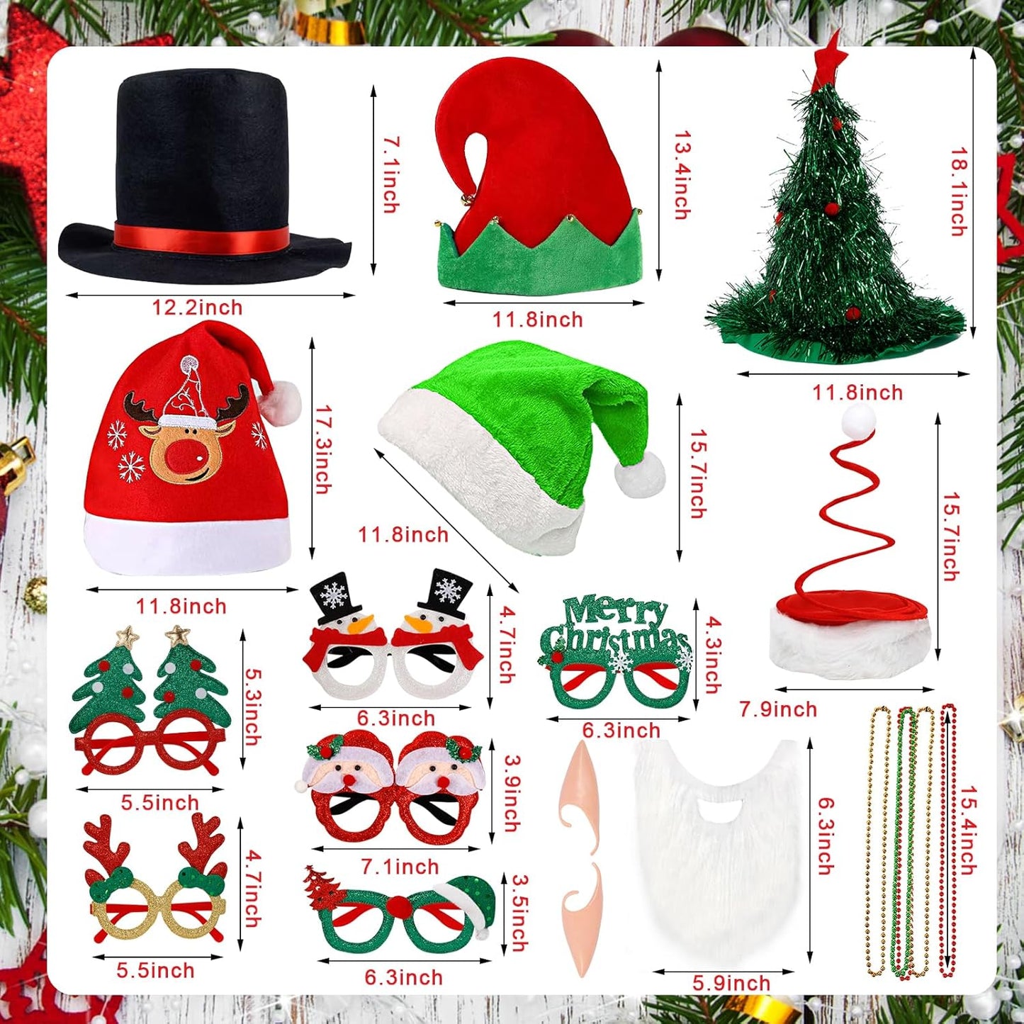 21 Pcs Funny Christmas Party Photo Booth Props Kit - Includes 6 Christmas Hats, 6 Xmas Glasses, 6 Festive Necklaces, White Beard for Costume Party, Holiday Party Decor & Photo Booth Supplies
