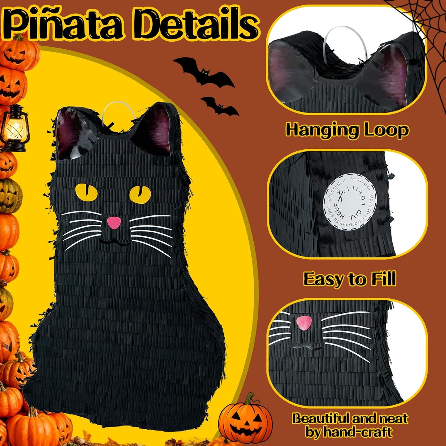 PCFING 21.6 Inch Halloween Cat Piñata with 30 Inch Piñata Stick Blindfold Confetti for Boy Girl Adults Halloween Scary Party Decorations，Candy Game，Trick Treat Party
