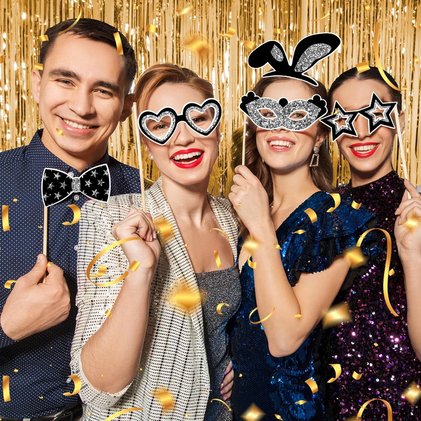 36PCS Silver and Black Photo Booth Prop, Party Photo Booth Props for Photoshoot Birthday Party Photobooth New Year Graduation Anniversary Halloween