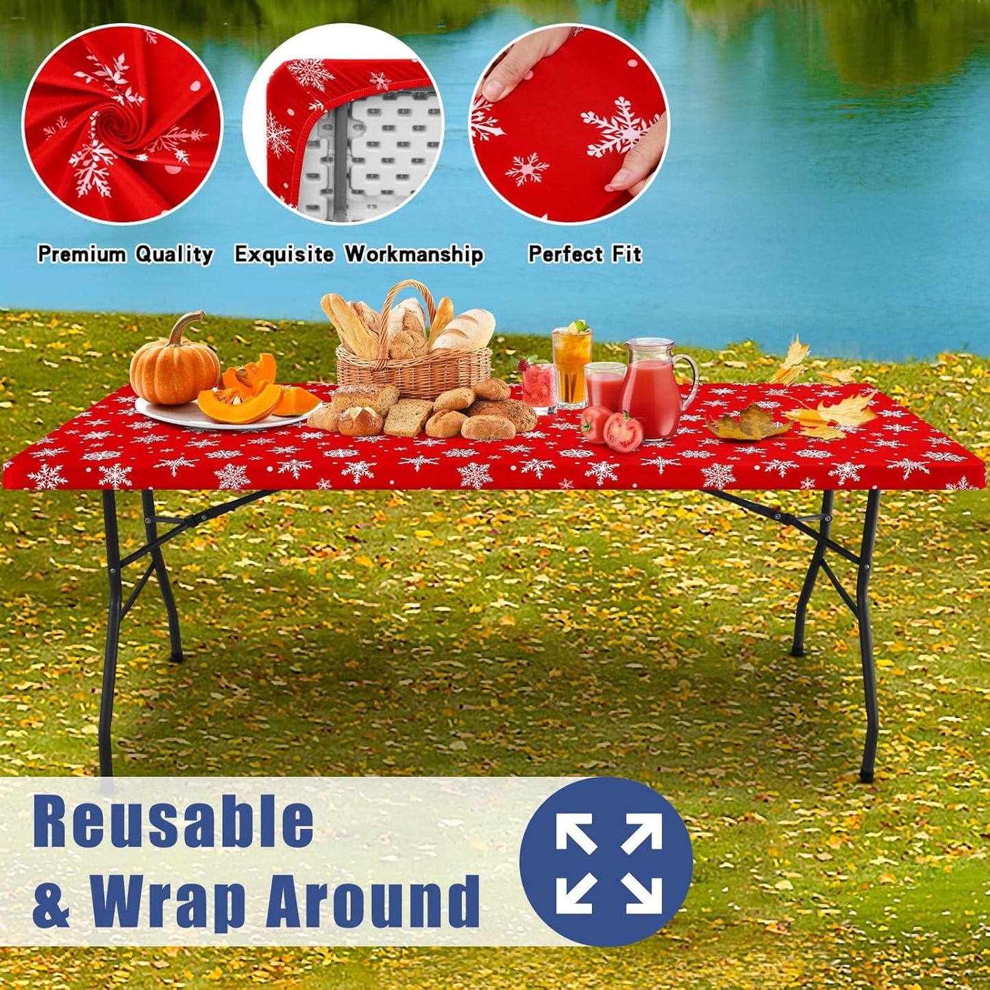 Spandex 6 Foot Rectangle Christmas Table Cloth 2 Pack, Elastic Fitted Tablecloths for Picnic, Stretch Washable Patio Table Cover for Christmas Dinner (Dot Snowflake, 30"x72")