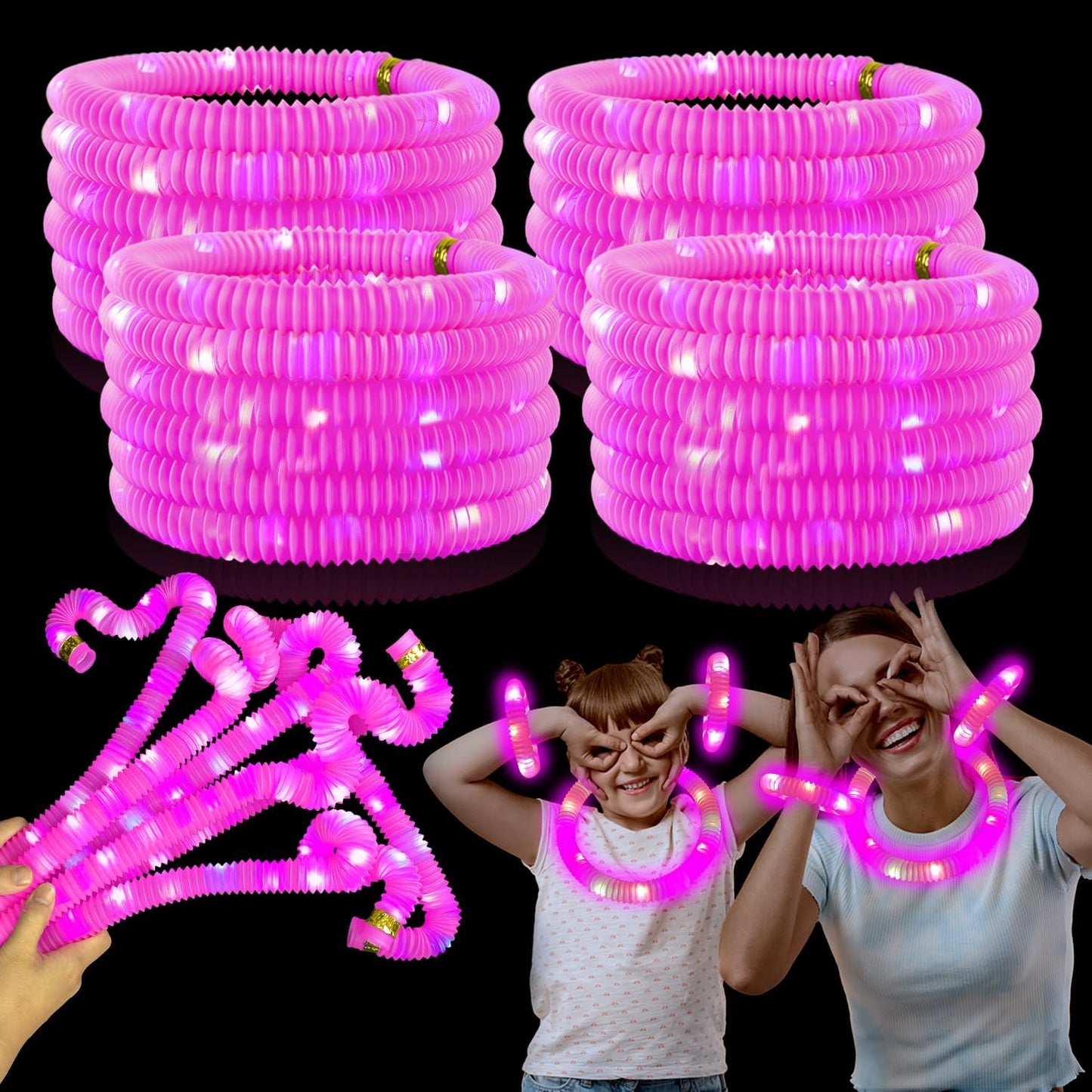 24 PCS Pink Glow Sticks Party Favors for Kids,LED Light up Pop Tubes for Toddlers, Christmas Neon Necklaces Bracelets Accessories,Glow Birthday Dance Wedding Camping Party Supplies Decorations
