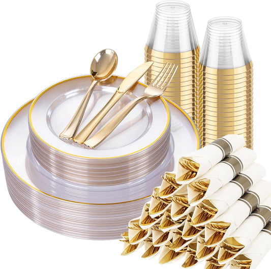 SUT 175 Pcs Gold and Clear Plastic Dinnerware Set for 25 Guests, Include: 25 Dinner Plates, 25 Dessert Plates, 25 Pre Rolled Napkins With Silverware, 25 Cups, Disposable Plates for Party, Wedding