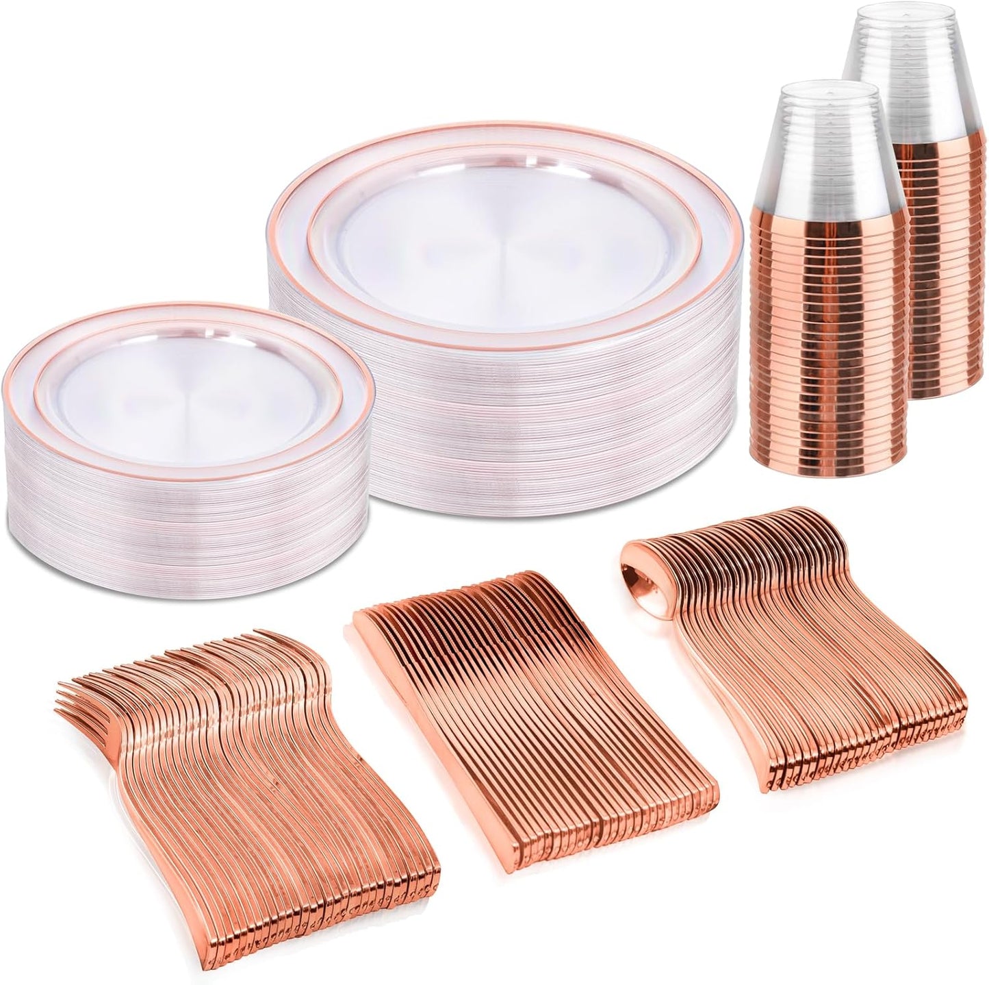 bUCLA 150PCS Clear Rose Gold Disposable Dinnerware set - Rose Gold Plastic Plates Include 25 Dinner / 25 Dessert Plates, 25 Knives, 25 Forks, 25 Spoons, 25 Cups for Party, Wedding & Mother's Day