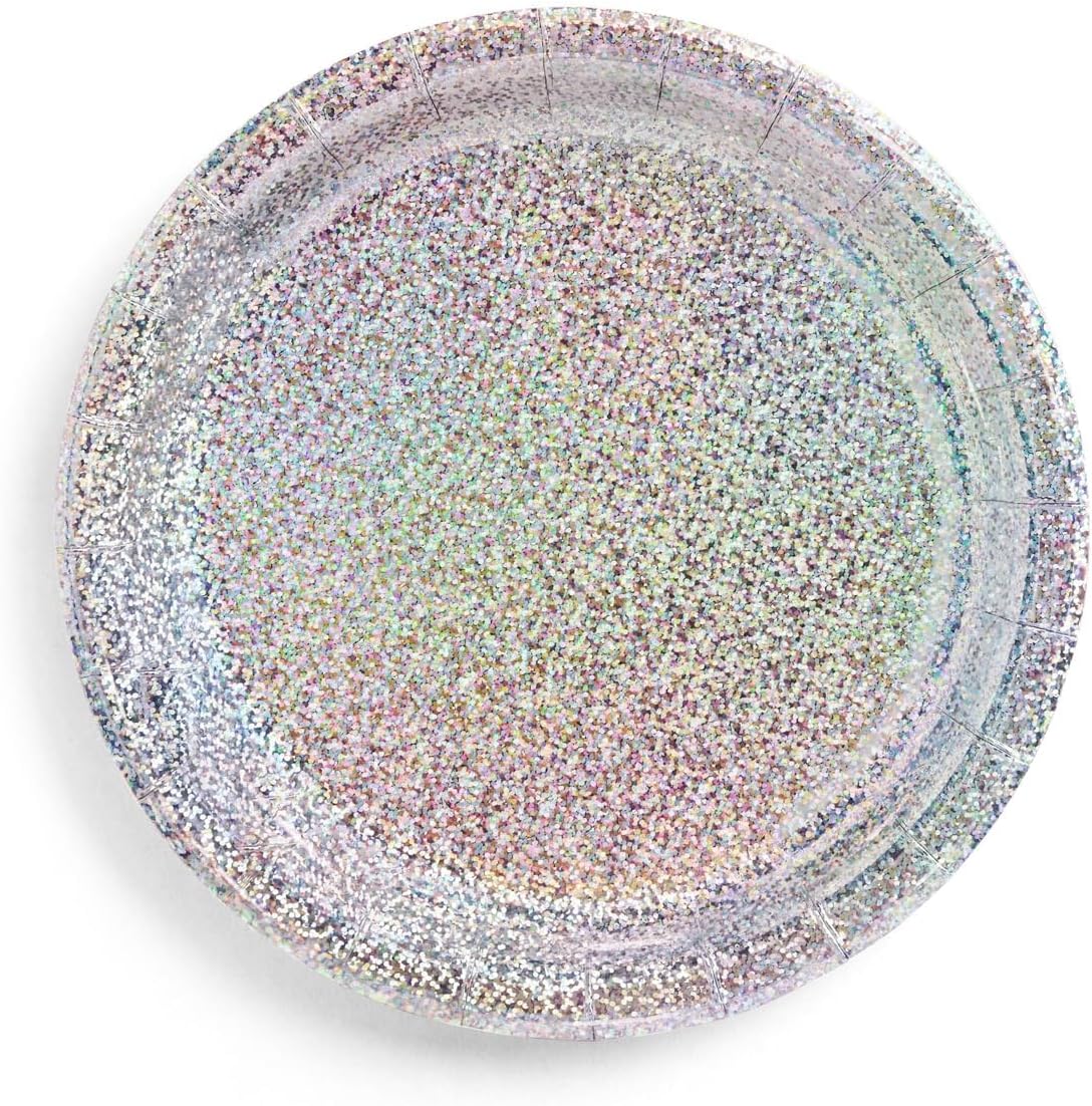 xo, Fetti Holographic Foil Plates - 25 pack | Happy Birthday Party Decorations, Holiday Party, Cool Cake Plates, Silver Bachelorette Disposable Party Plates