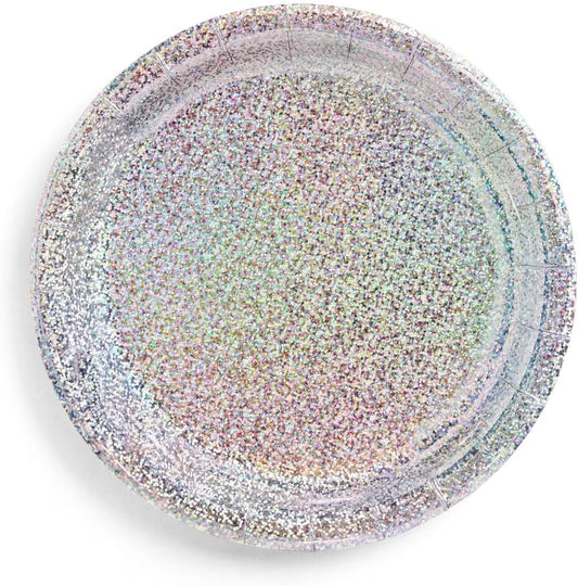 xo, Fetti Holographic Foil Plates - 25 pack | Happy Birthday Party Decorations, Holiday Party, Cool Cake Plates, Silver Bachelorette Disposable Party Plates
