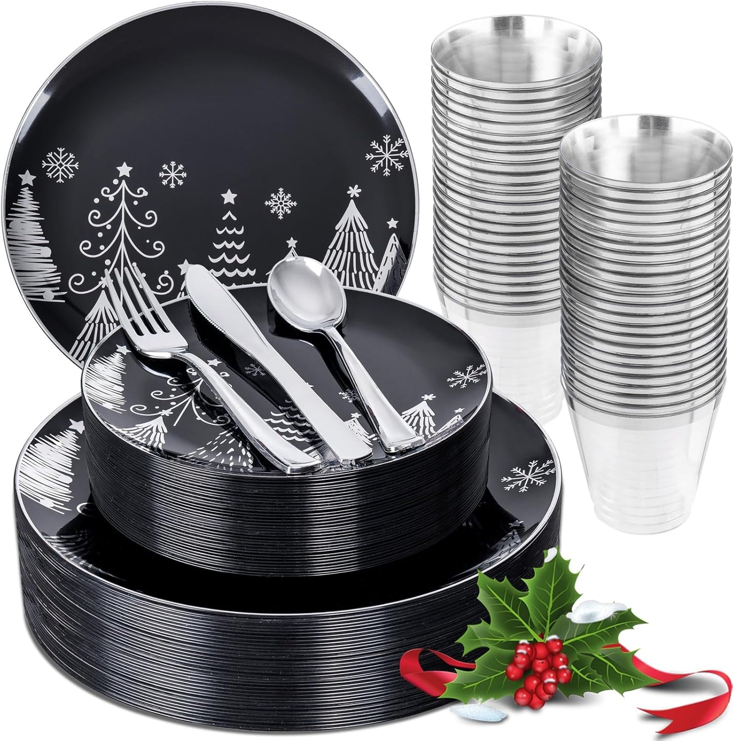 KIRE 150PCS Christmas Plates Disposable & Dinnerware Set for 25 Guests - Black & Silver Plates, Plastic Silverware & Cups With Silver Rim for Christmas Party Supplies