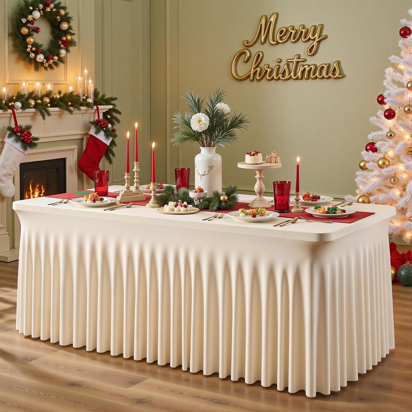 1 Pack Light Champagne Table Clothes for 8 Foot Rectangle Tables, One-Piece Wrinkle Resistant Stretch Spandex Table Covers with Skirt for Event Banquet Wedding Birthday Party