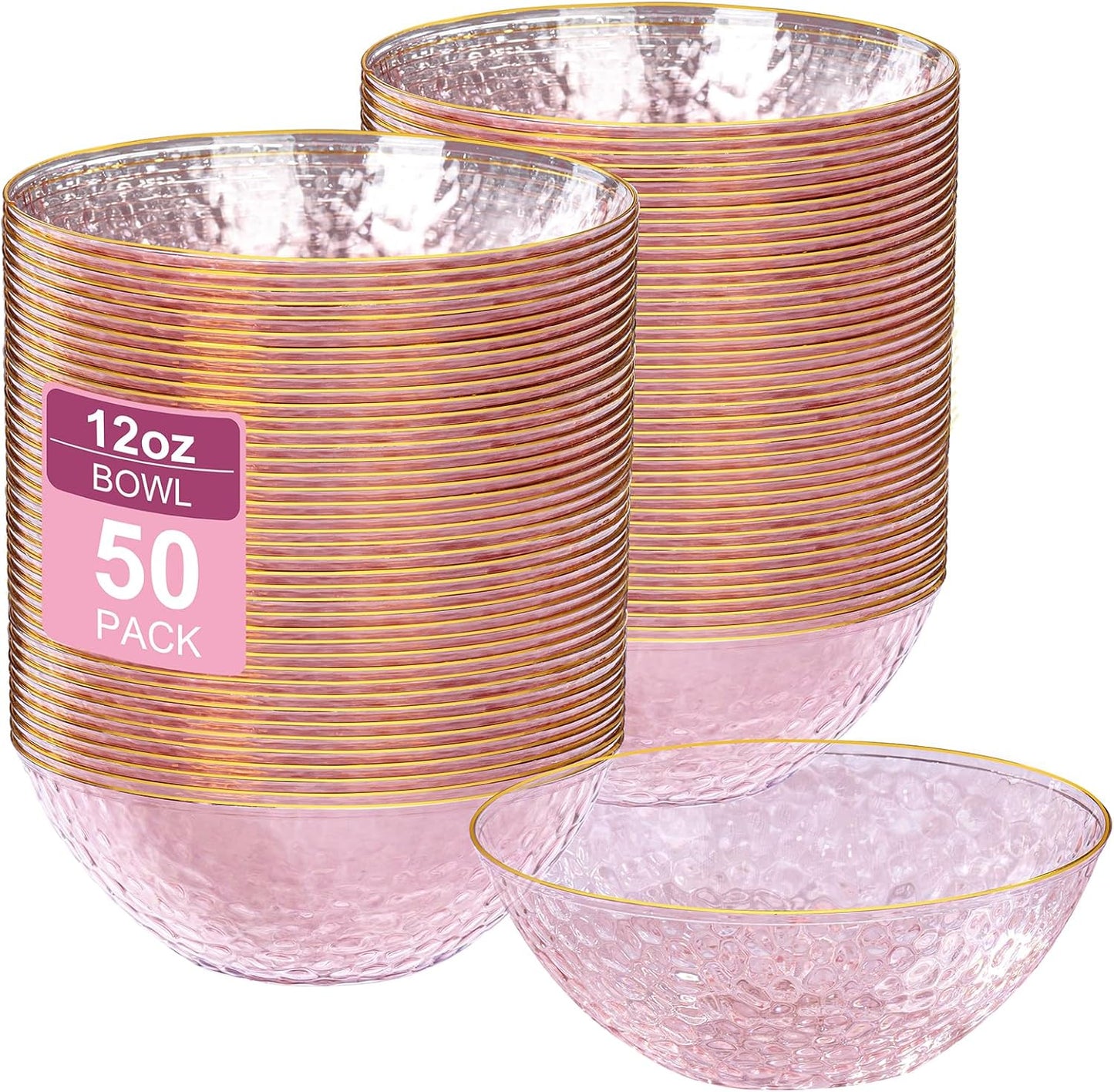 I00000 50 Pack 12 Ounce Pink Plastic Bowls Hammered Clear Bowl with Gold Rimmed, Heavy Duty Disposable Bowl Set,Elegant Salad/Dessert/Ice Cream Small Bowls for Thanksgiving Party