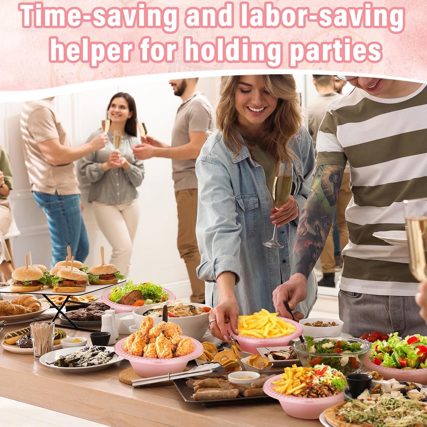 Lallisa 100 Pcs 12oz Pink Disposable Plastic Bowls Dessert Cups Ice Cream Snack Salad Soup Food Serving Bowls for Party Favor Picnic