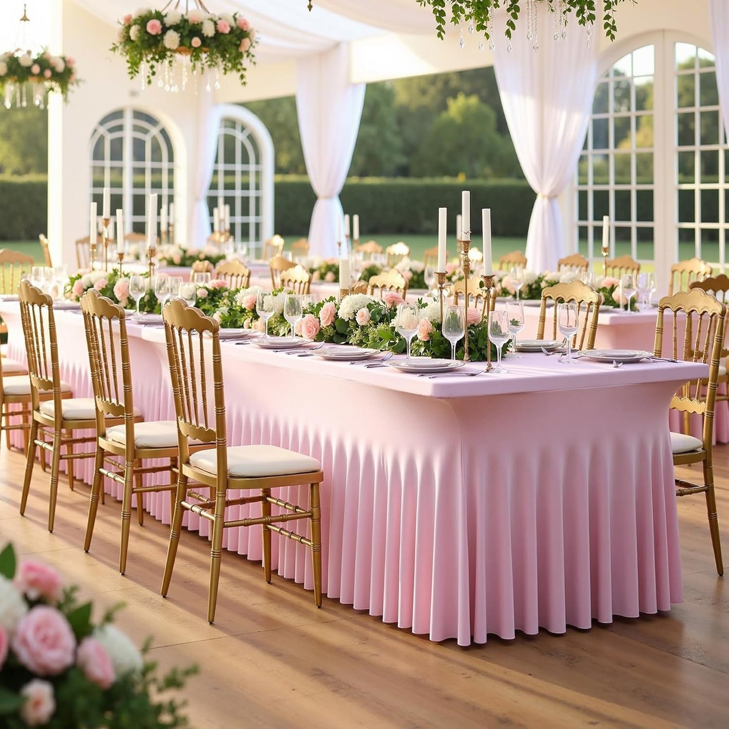 NSSONBEN 2 pk Baby Pink Spandex Tablecloth 6ft with Ruffle Table Skirt, Wrinkle Free Stretchy Fitted Tablecloths for 6 Foot Rectangle Tables, Elastic Spandex Table Covers for Weddings Parties Banquet