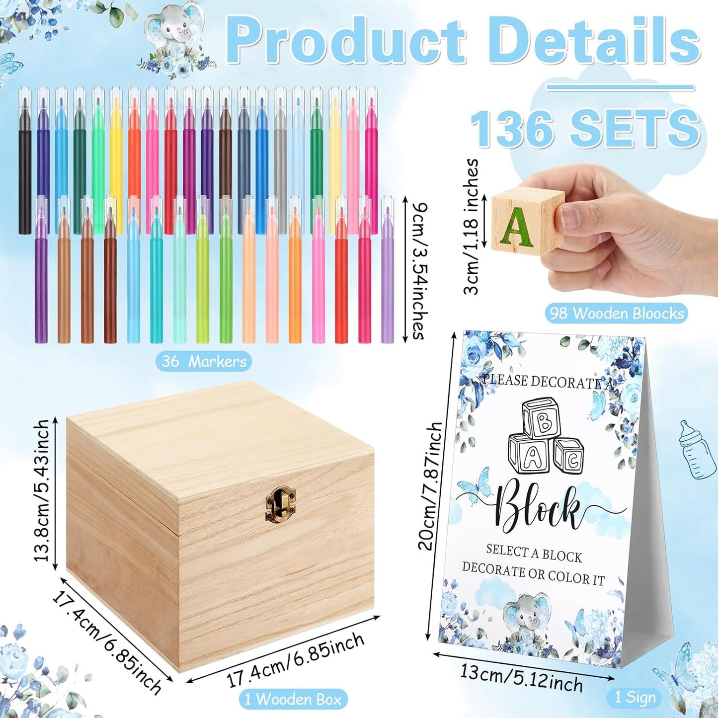 Marsui 136 Pcs Baby Shower Blocks to Decorate Game Kit Includes 98 Wooden Blocks, 36 Markers, 1 Game Sign, 1 Storage Box for Baby Shower Gender Reveal Activity Party Decorations(Blue Butterfly)
