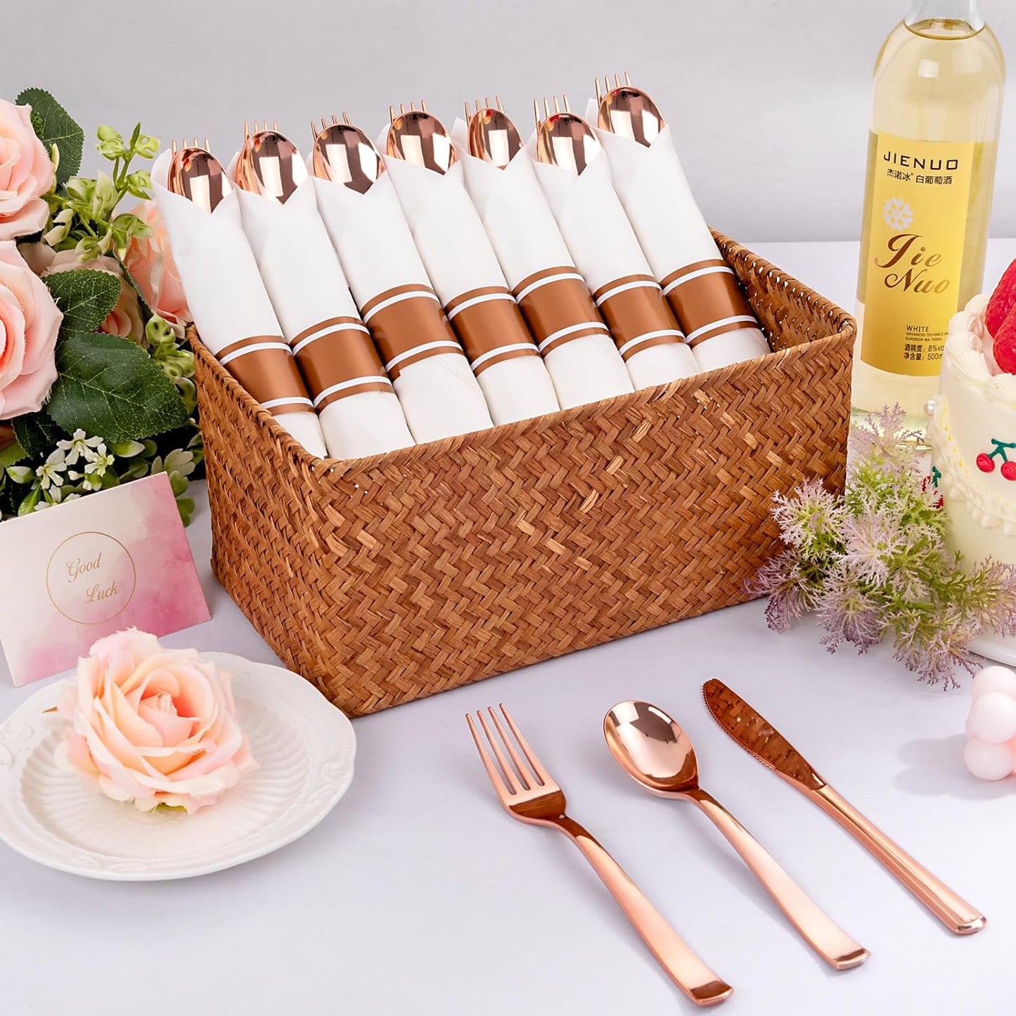 50Guests Pre Rolled Rose Gold Plastic Silverware Sets - Heavy Duty Rose Gold Cutlery - Include 50 Pack Wrapped Disposable Utensils with Napkins for Parties, Dinners & Weddings