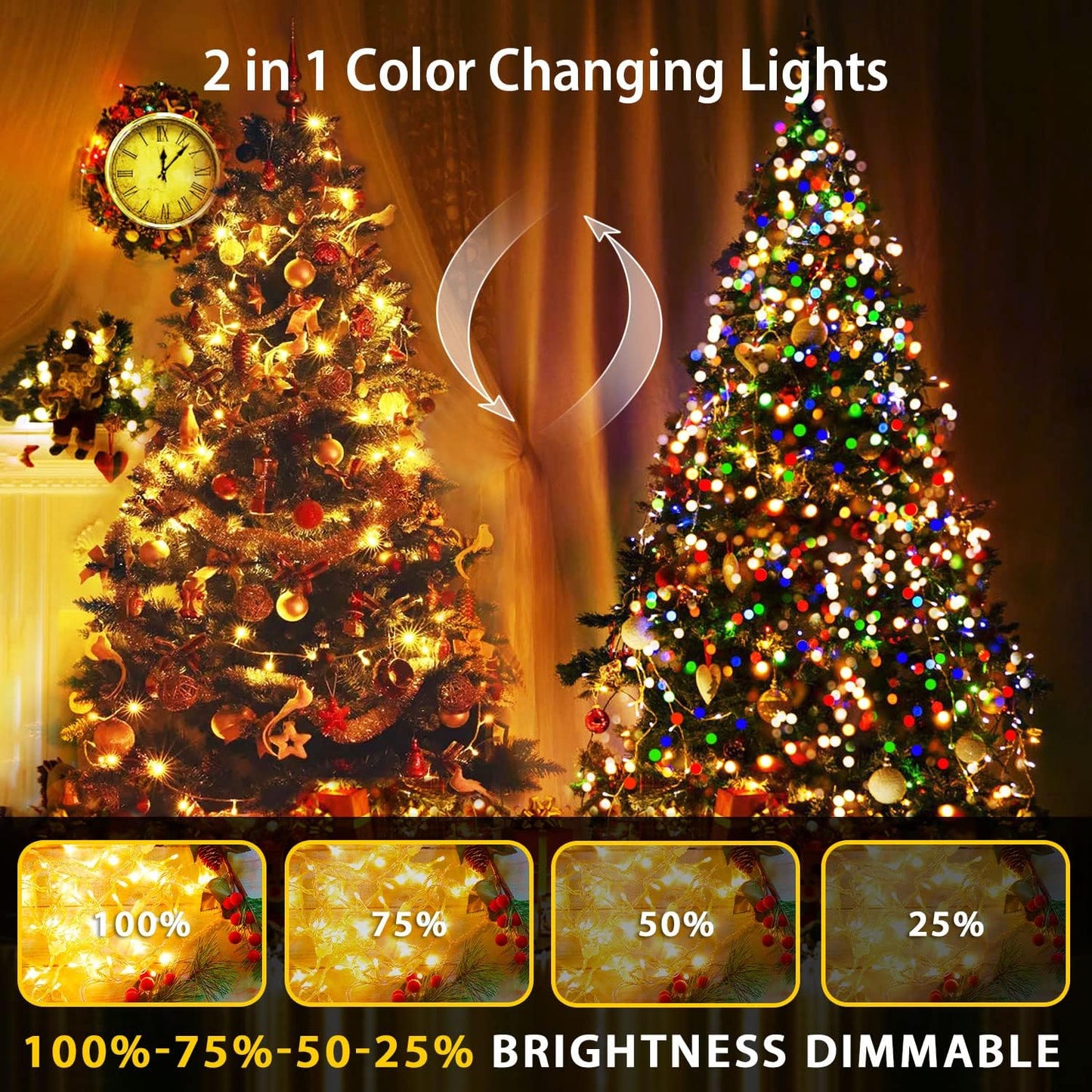 JMEXSUSS 200 LED Christmas String Lights Outdoor Waterproof, 66ft Color Changing String Lights Plug in, Warm White & Multicolor Christmas Lights for Trees Yard Wedding Xmas Party
