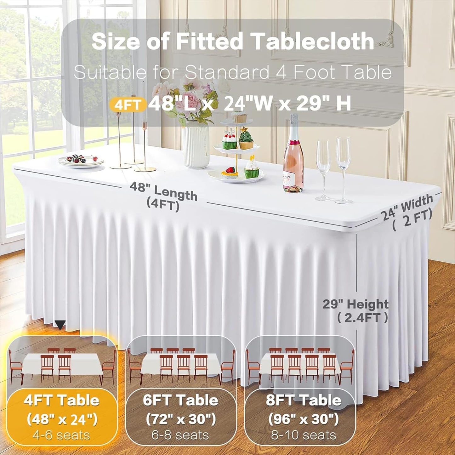 2 Pack White Spandex Tablecloths for 4 ft Rectangle Tables, Stretch Table Cloths 4 Foot Fitted Table Cover with Skirt for Parties Weddings Birthday Banquet Baby Shower