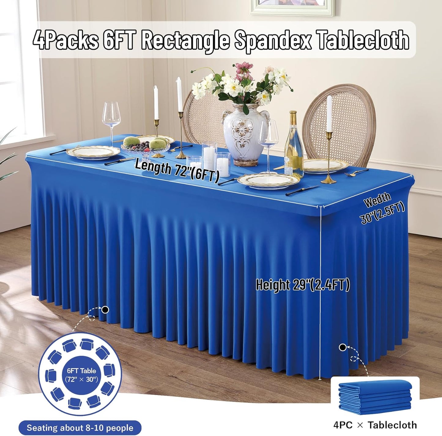 Leegleri 4 Pack Royal Blue Spandex Table Clothes for 6ft Rectangle Tables, Wrinkle Free Fitted Tablecloths for Parties, Weddings, Banquets, Baby Showers