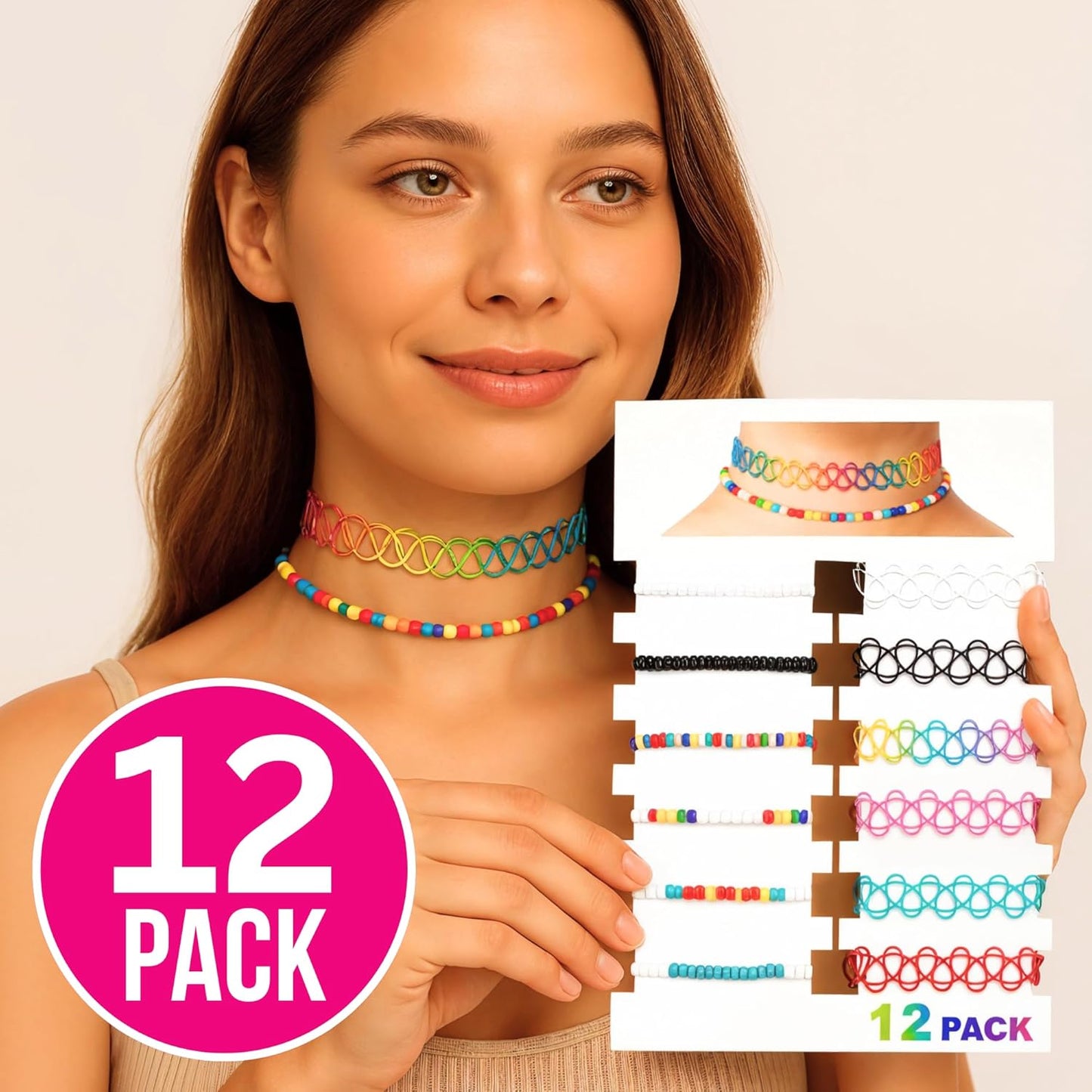 BodyJ4You 12PC Tattoo Choker Necklace - 90s Accessories 2000s Jewelry Y2K Fashion Vintage Trendy - Rainbow Goth Black Pink Green Blue White - Adjustable Stretchy Elastic Necklace Summer Vacation Set