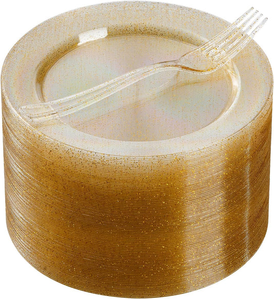 Goodluck 120PCS 7" Gold Glitter Dessert Plastic Plates with 7.4" Forks, Gold Appetizer Plates for 60 Guests, Including 60 Disposable Cake Plastic Plates and 60 Forks for Wedding/Birthday Party