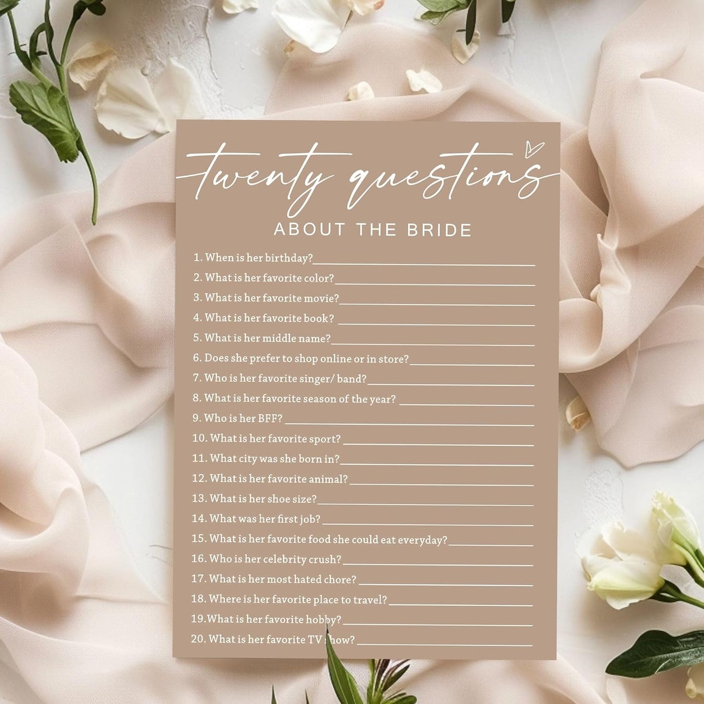 Bridal Shower Games Cards, Twenty Questions about The Bride, Engagement Party Wedding Games for 25 Guests, Minimalist Brown Wedding Party Supplies