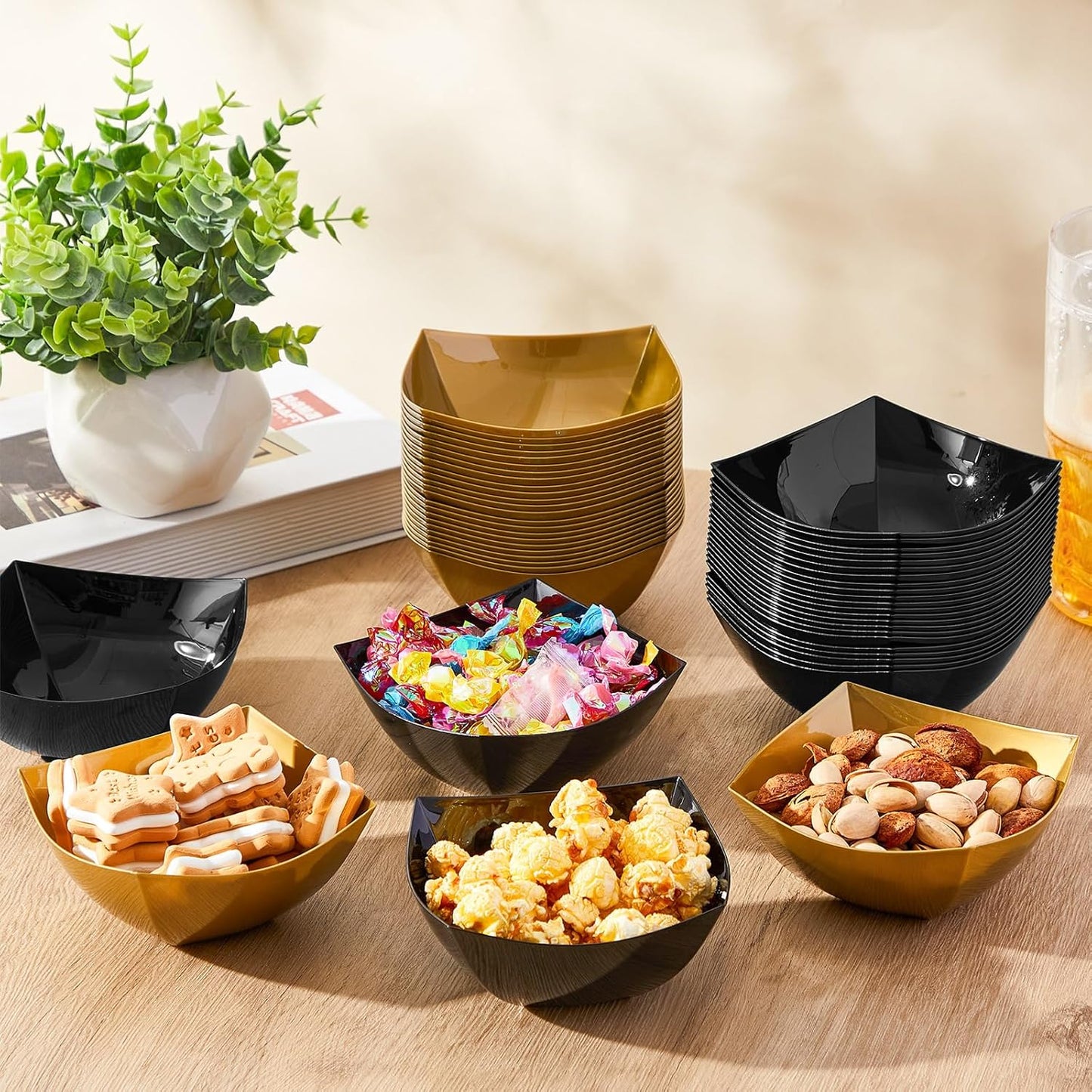 Tanlade 50 Pcs Square Plastic Serving Bowls Disposable Snack Salad Bowl Small Party Candy Bar Containers Taco Bar Serving Dishes for Buffet Chips Fruit (8 oz,Black, Gold)