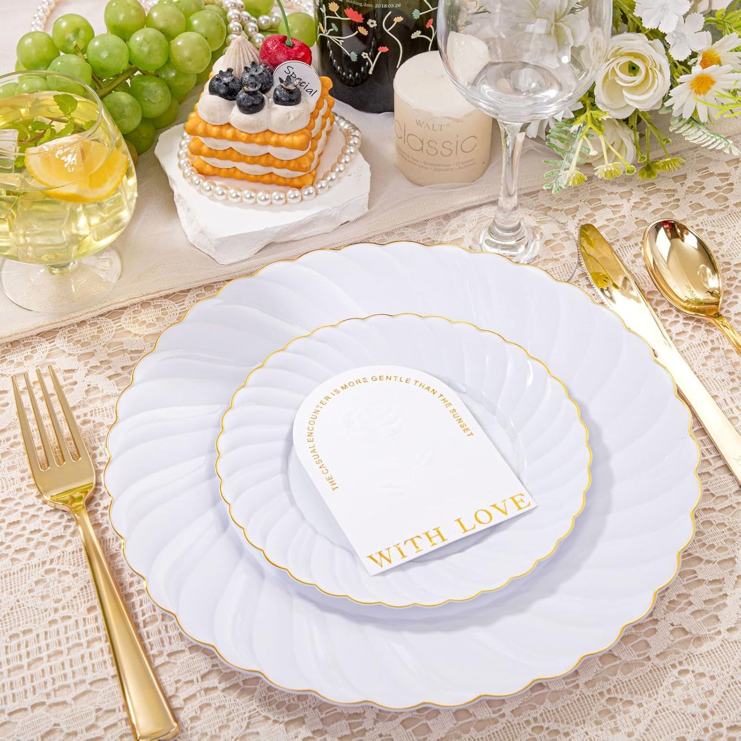 YOUBET 125PCS White Plastic Plates with Gold Rim, Gold Plates Disposable with Golden Silverware Include 25 Dinner Plate 25 Dessert Plate 25 Forks 25 Knives 25 Spoons For Wedding, Parties Thanksgiving