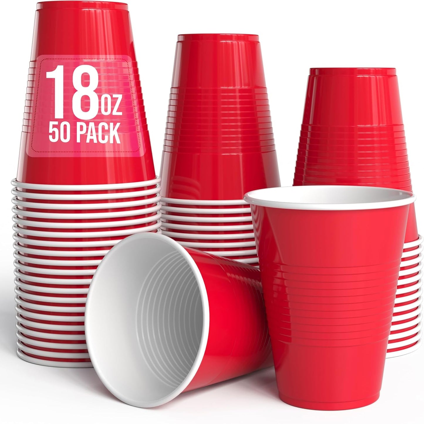 18 Oz Red Plastic Cups For Party Supplies 50 Pack | Red Disposable Cups Plastic | Disposable Drinkware For Parties, Events & Everyday