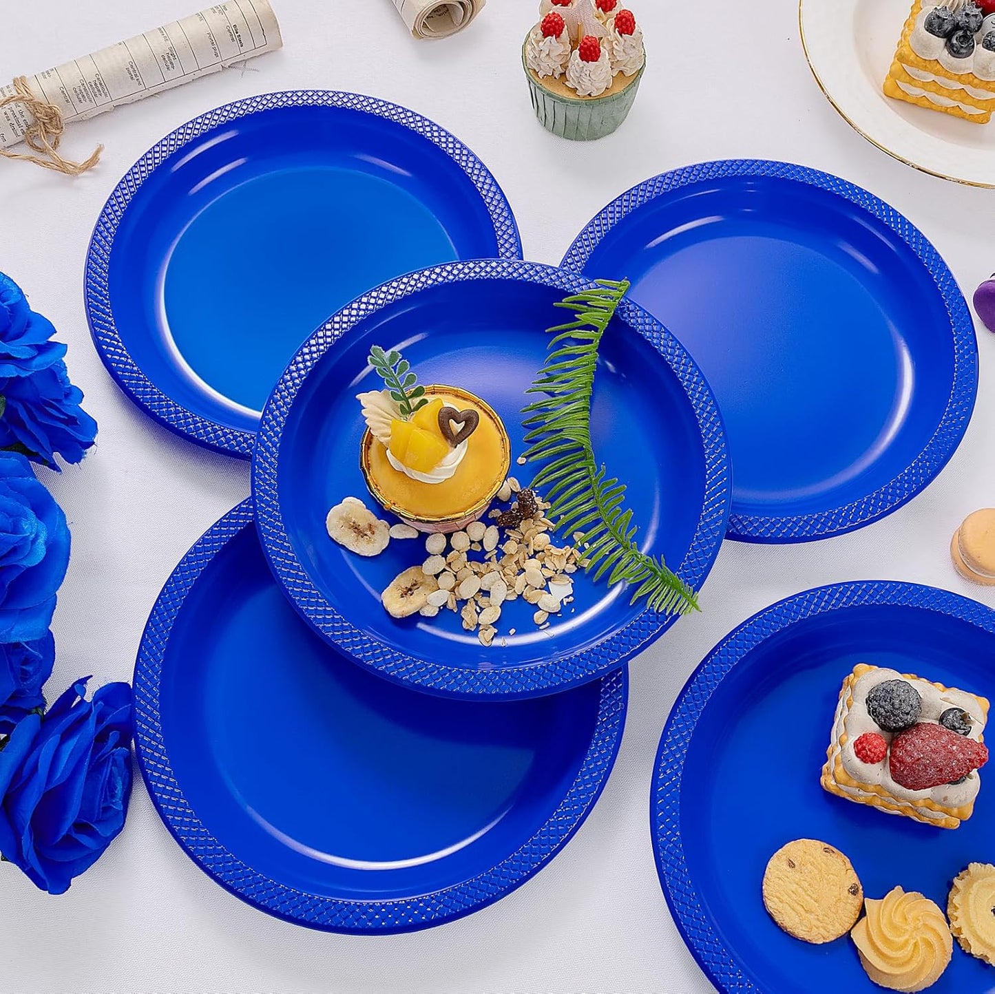 WELLIFE Royal Blue Party Plates 7 Inch -150 Count, Disposable Plastic Dark Blue Dessert Plates for Party Salad Cake Appetizer