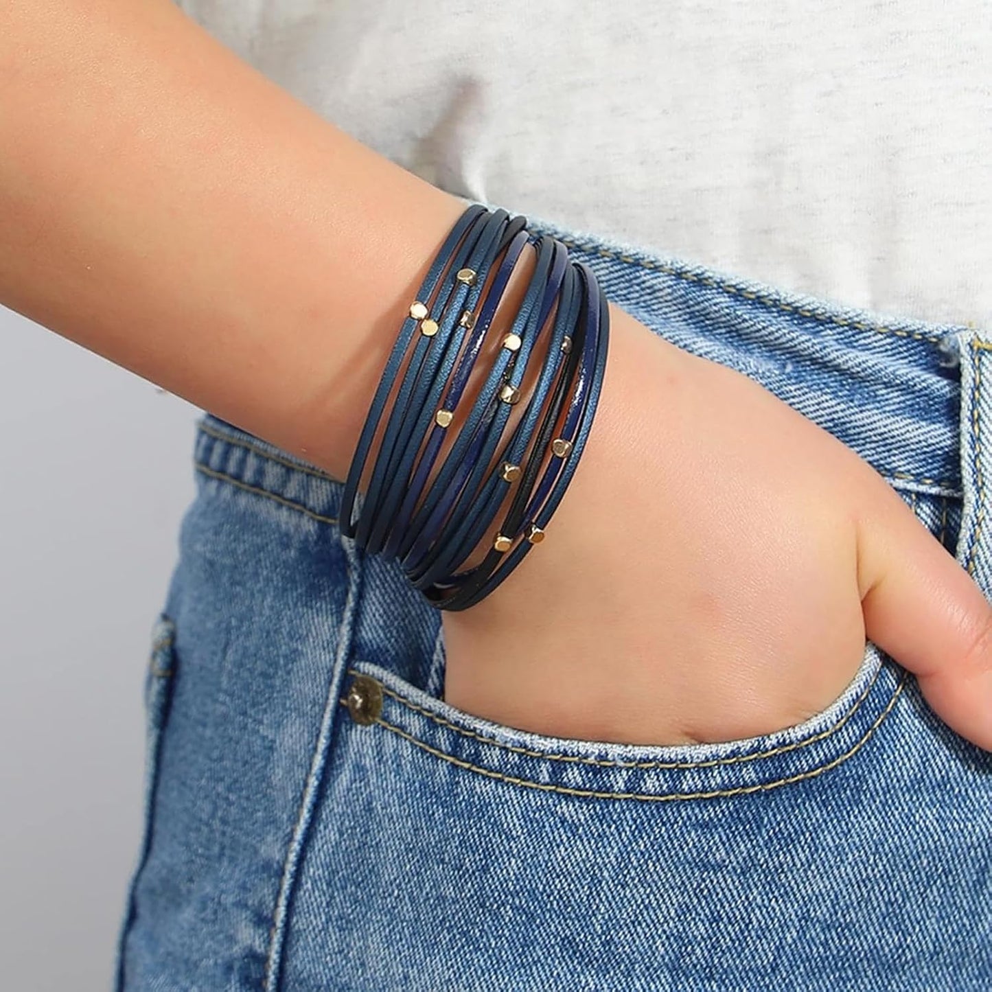 Fesciory Leopard Bracelet for Women, Boho Leather Wrap Multi-Layer Pearl Crystal Bracelet Bangle Jewelry