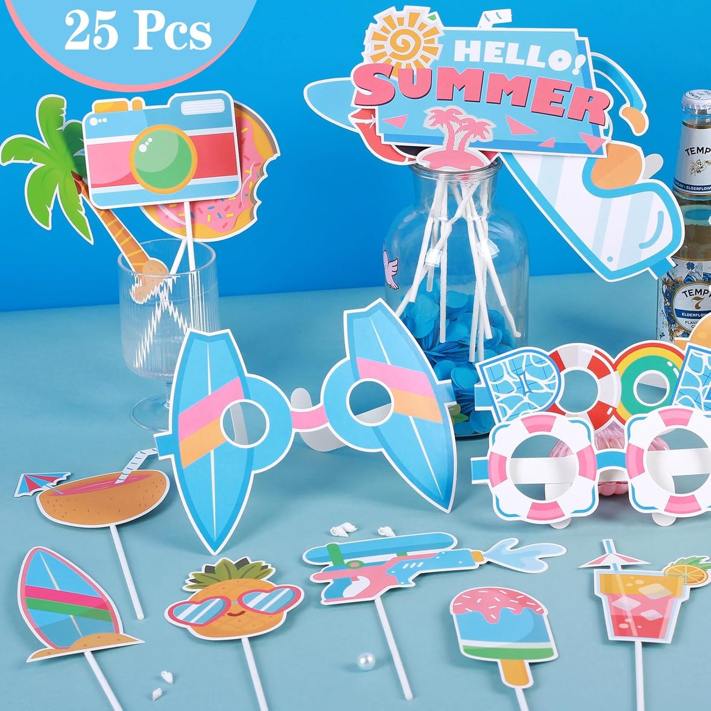 SUNBEAUTY 25 Pcs Beach Photo Booth Props Summer Party Decorations Beach Party Decorations Beach Decorations Pool,Hawaiian,Luau Photo Booth Props