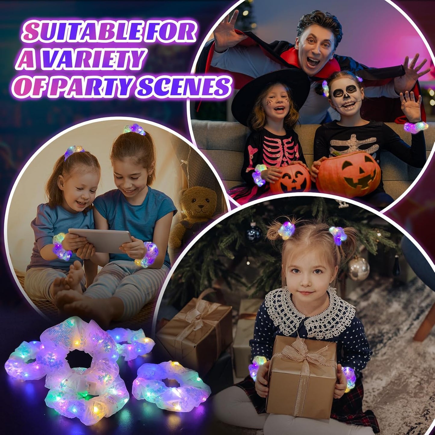 4 Pcs Christmas Light Up Hair Accessories for Girls Women, Sparkly Sequins Hair Scrunchies, LED Hair Tie for Movie Night Supplies, Glow in The Dark Scrunchies for Rave Neon Slumber Party