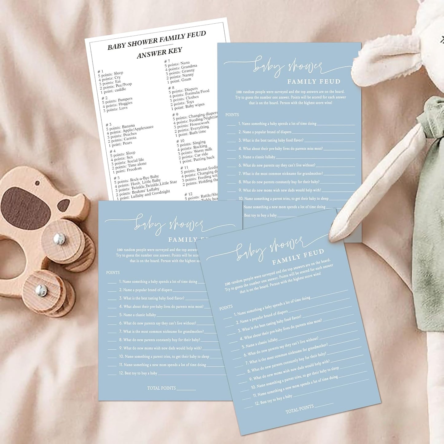 Baby Shower Family Feud Game - 30 Cards, Answer Key, Gender Neutral Decorations for Boy & Girl - Bluish