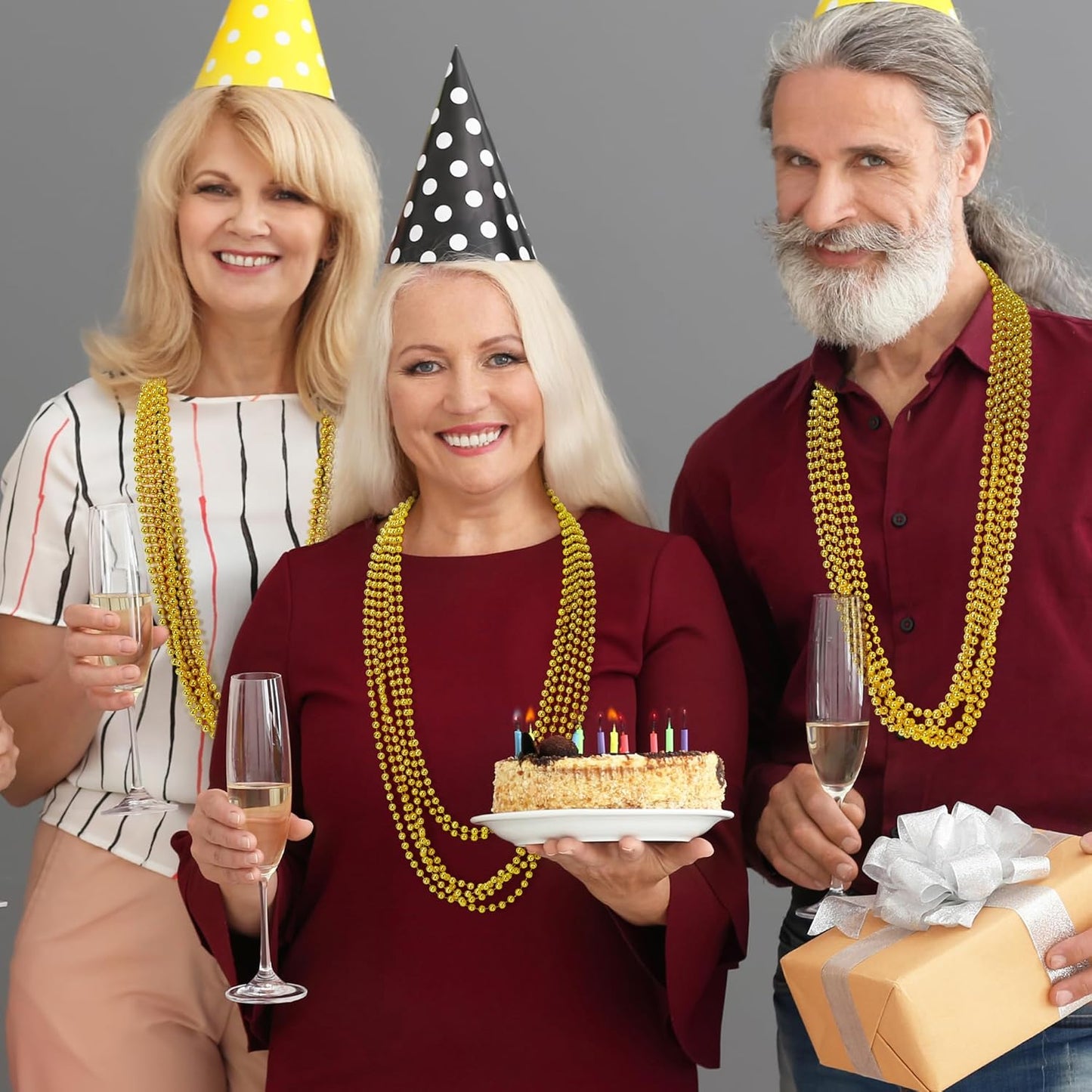 12 PCS Mardi Gras Beads, 33" Gold Beads Necklaces, Mardi Gras Beaded Accessories Parade Throws Accessory Set, Gold Beads for Wedding Carnival St. Patricks Party Favors Supplies