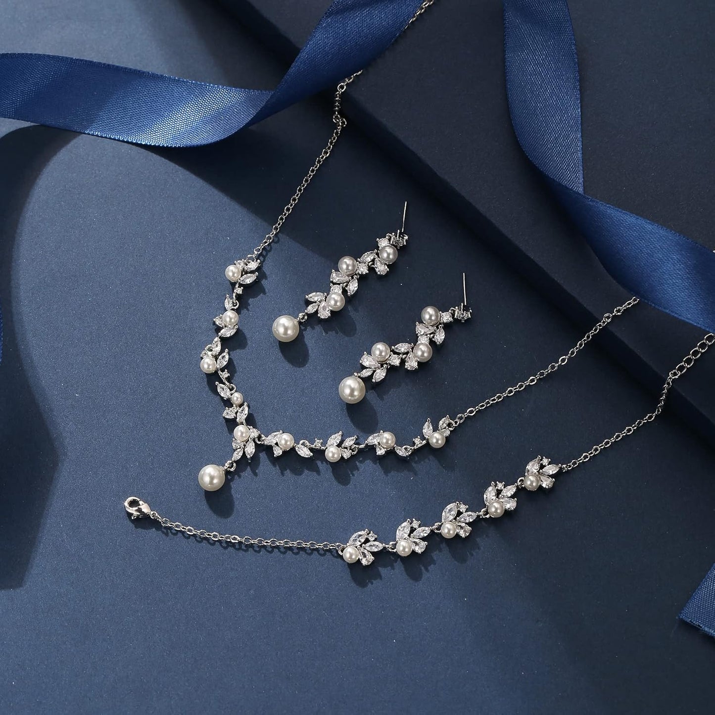 EleQueen Women's Simulated Pearl Wedding Jewelry Set, Cubic Zirconia Marquise Floral Bridal Necklace Earrings Bracelet Sets