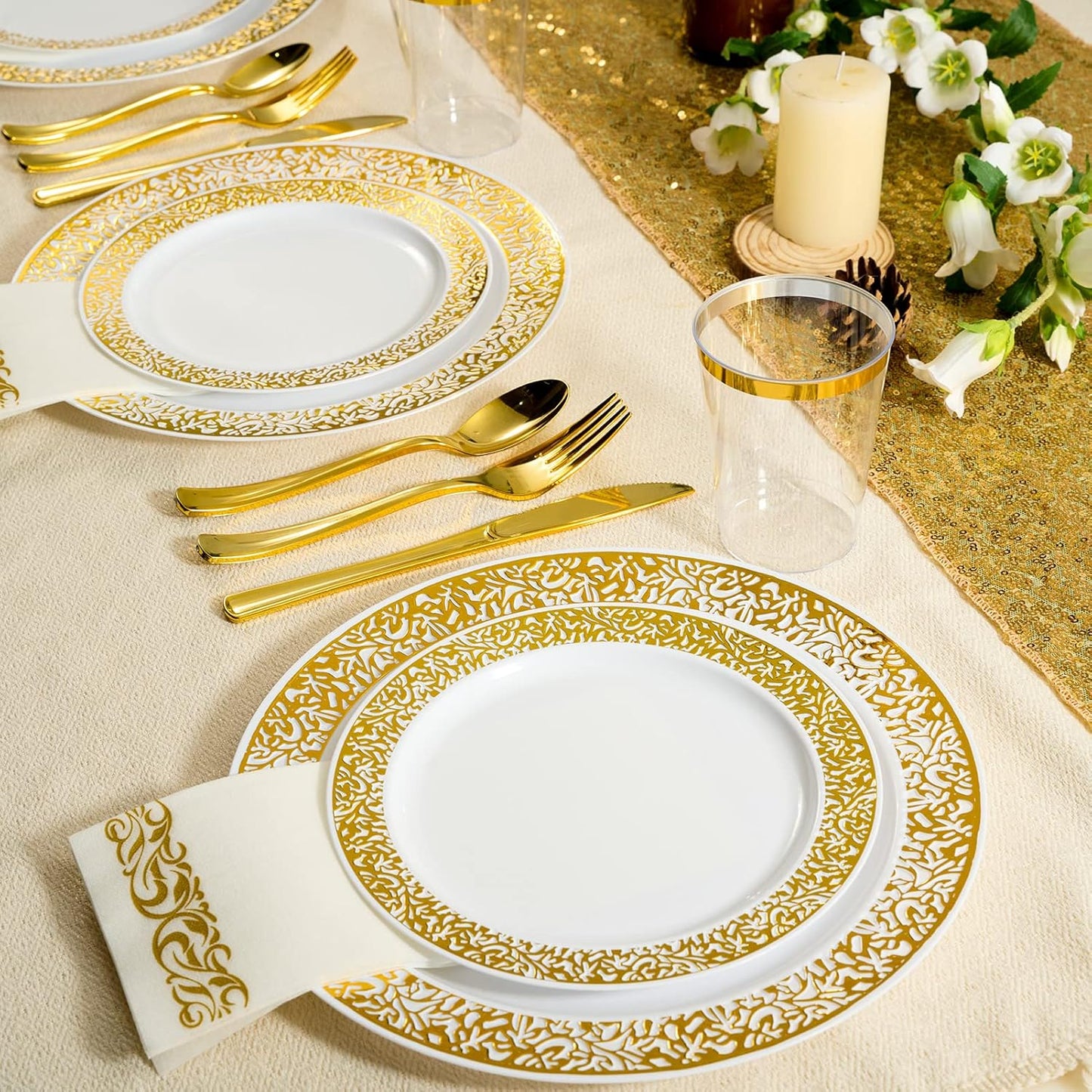 FOCUSLINE 175 Ct Gold Dinnerware Set for 25 Guests, Plastic Plates with Gold Lace Rim Design, Including 25 Disposable Dinner & Dessert Plates, Cups, Napkins, Cutlery Set