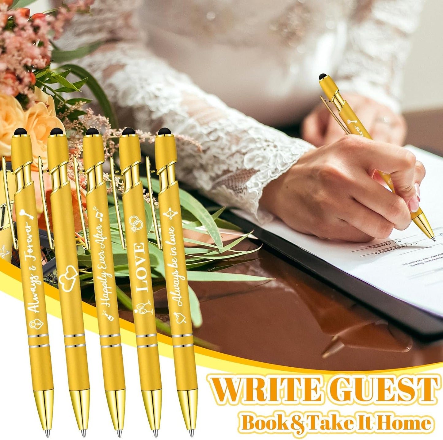 Kisston 36 Pcs Wedding Pens Bulk Bridal Shower Pens Favors Bachelorette 6 Styles Retractable Ballpoint Wedding Favors Supplies for Guest Game Office(Gold)