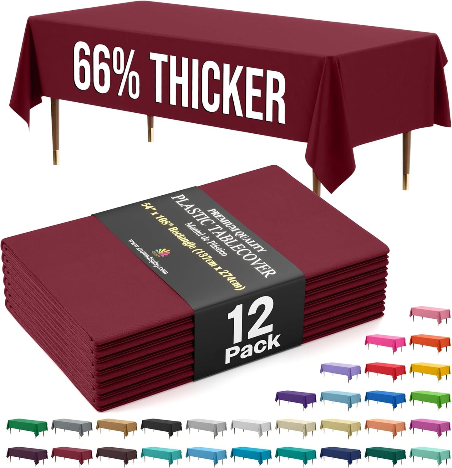 Exquisite 66% Thicker Premium Plastic Table Cloth Rectangle Table Cover 0.5 Mil 12 Pack Burgundy Table Cloth 54 Inch x 108 Inch Disposable Tablecloth Won't Tear Easily Like Cheap Thin Brands