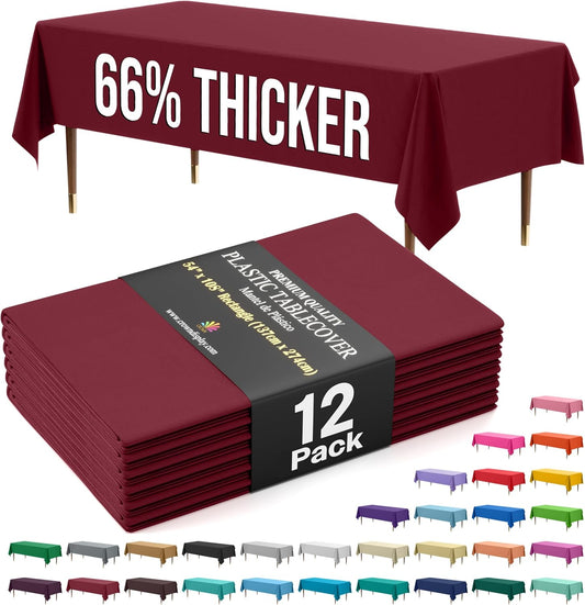 Exquisite 66% Thicker Premium Plastic Table Cloth Rectangle Table Cover 0.5 Mil 12 Pack Burgundy Table Cloth 54 Inch x 108 Inch Disposable Tablecloth Won't Tear Easily Like Cheap Thin Brands
