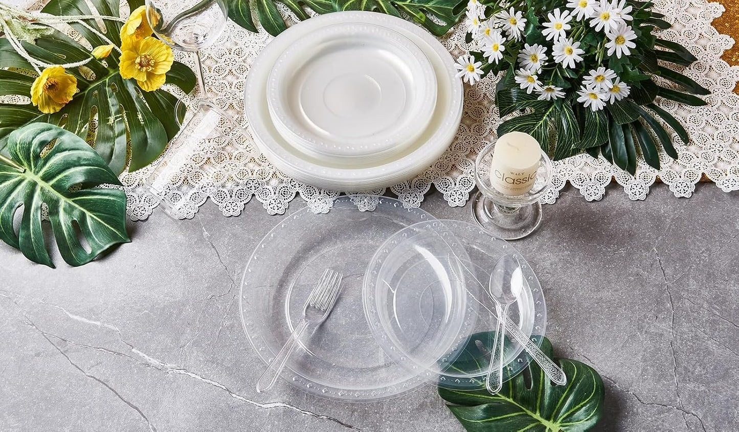 FULING 175 PCS Clear Party Supplies Disposable Dinnerware Set Plastic Plates and Paper Napkins Cups Silverware Serve 25 Sets for Birthday Bridal Shower Wedding Engagement Graduation Parties