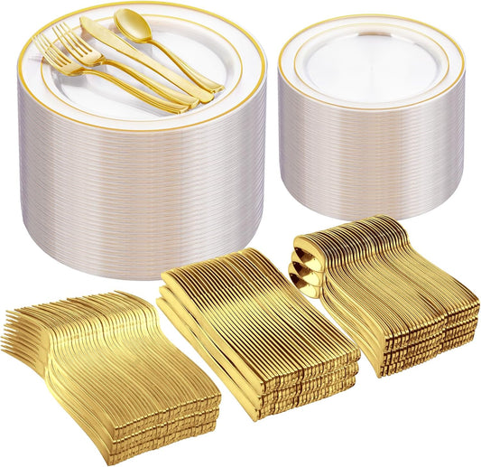 I00000 600Pcs Clear Gold Plastic Plates for 100 Guests, Plastic Dinnerware Set of 100 Gold Disposable Plates, 100 Dessert Plates, 200 Forks, 100 Knives and 100 Spoons Perfect for Party & Wedding
