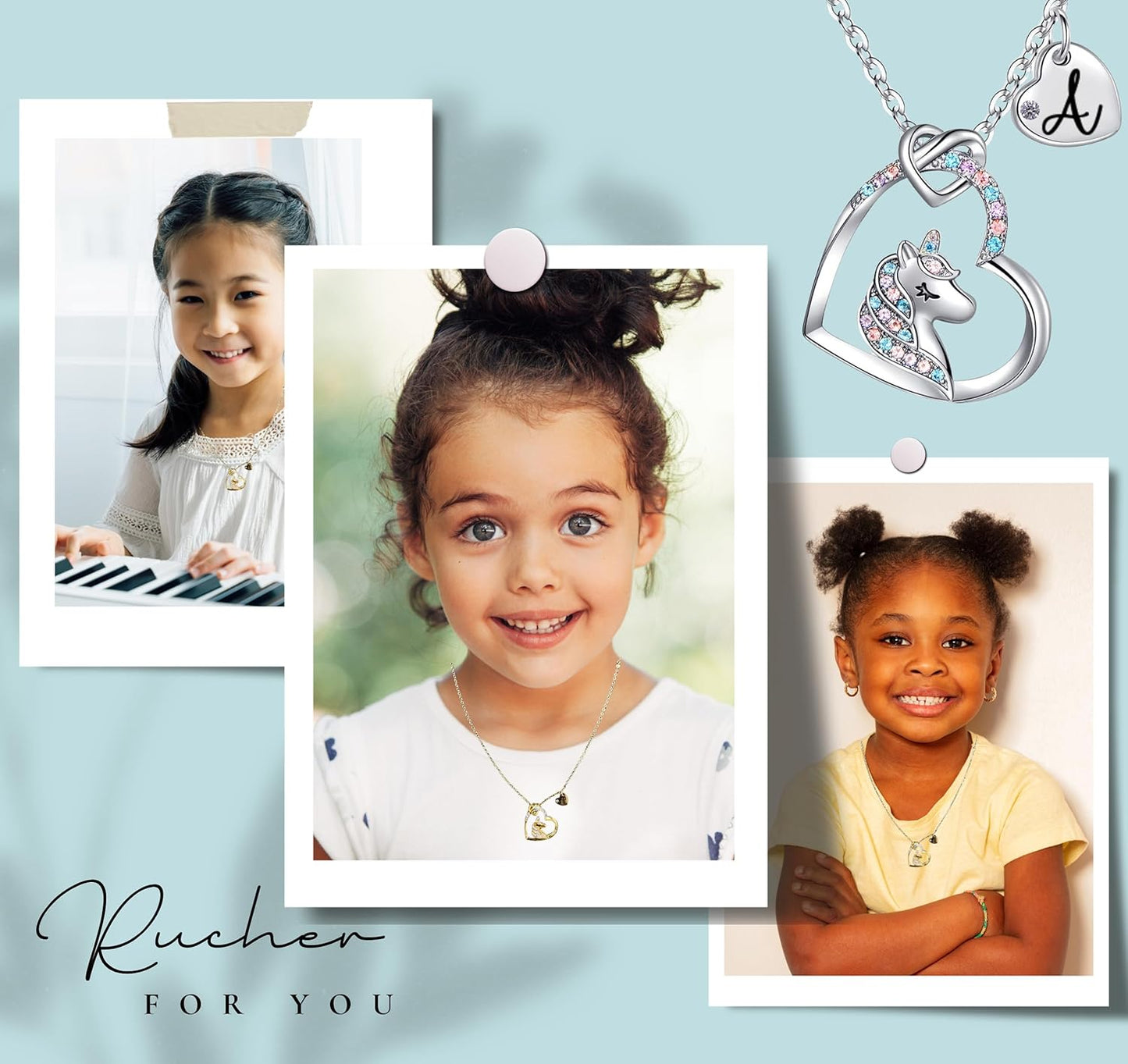 Unicorn Necklace for Girls Kids with Personalized Initial Heart Pendant, 18K Gold Fashion Jewelry for Girls, Colorful Heart Necklace for Birthday Gifts.