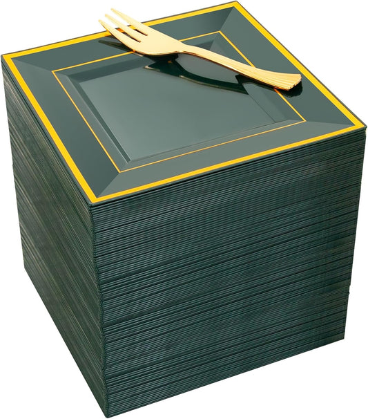 WDF 200PCS Green and Gold Plastic Dessert Plates with Plastic Forks -6’’ 100 Square Disposable Appetizer Plates Small Plates Cake Plates with Gold&100 Green Small Appetizer Forks for Christmas